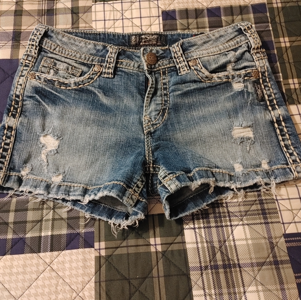 Silver Jeans Blue Jean Shorts with Distressed Frayed Hem